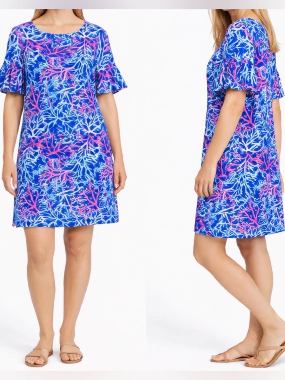 Pappagallo Coral Print Ruffled Sleeves Shift Dress Sz M